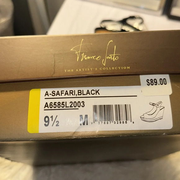 Franco Sarto Safari Black Patent Heels Peep Toe 9.5M Cork Wedges Slingback - Picture 4 of 8